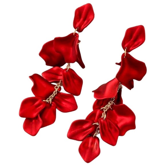 Red Petal Rose Flower Long Drop Dangle Earrings Valentines day earrings - Picture 1 of 6